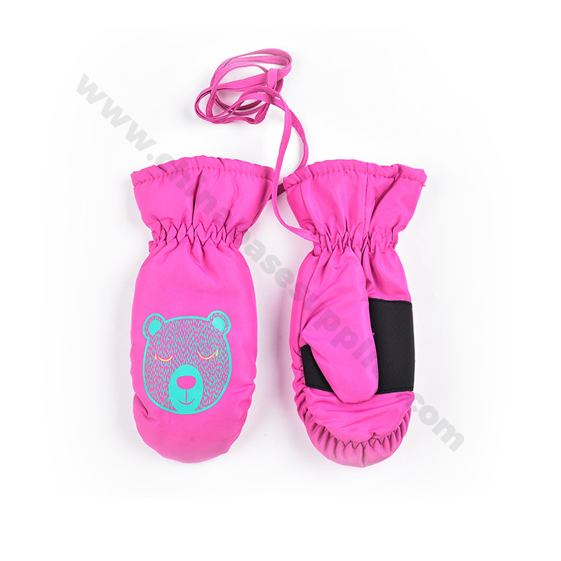 Toddler's Bear-Printed Mittens with Neck Strap - Polyester Pongee, Anti-Slip PU Palm
