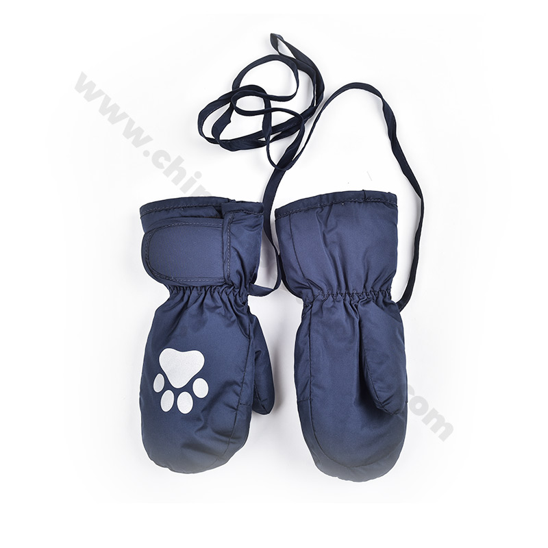 Kids' Navy Blue Mittens with Animal Paw Reflective Prints - Neck Strap Included