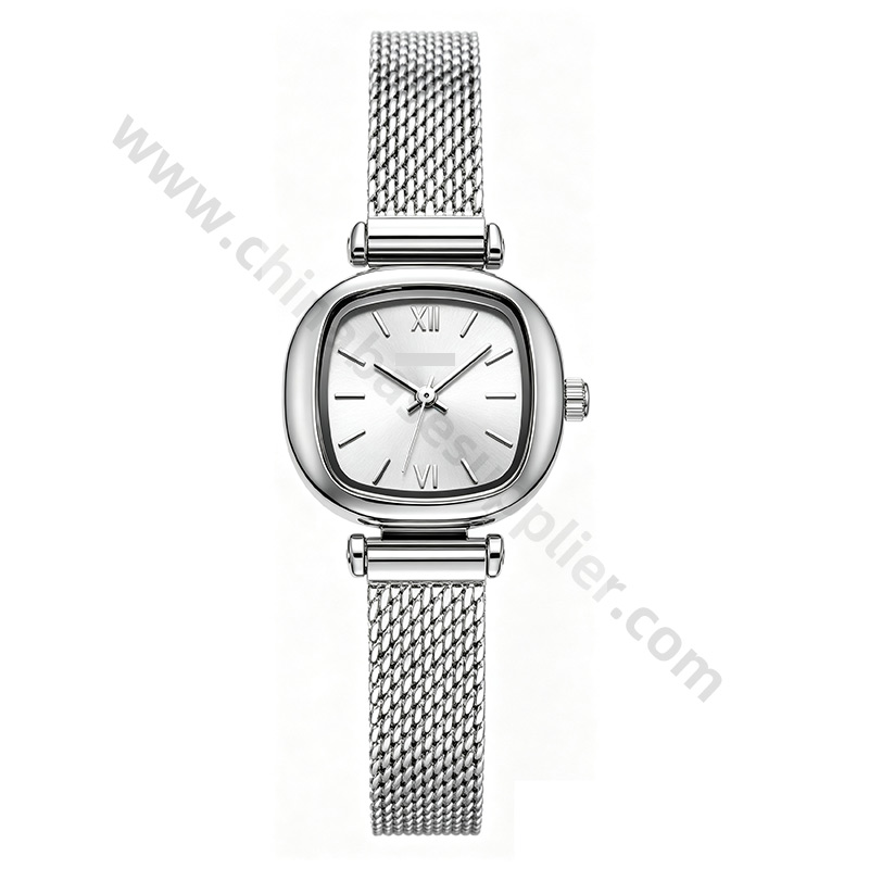  Ladies' Retro Cushion-Case Analog Quartz Watch - 6 mm Thin Profile, Roman XII Dial, Silver Mesh Strap