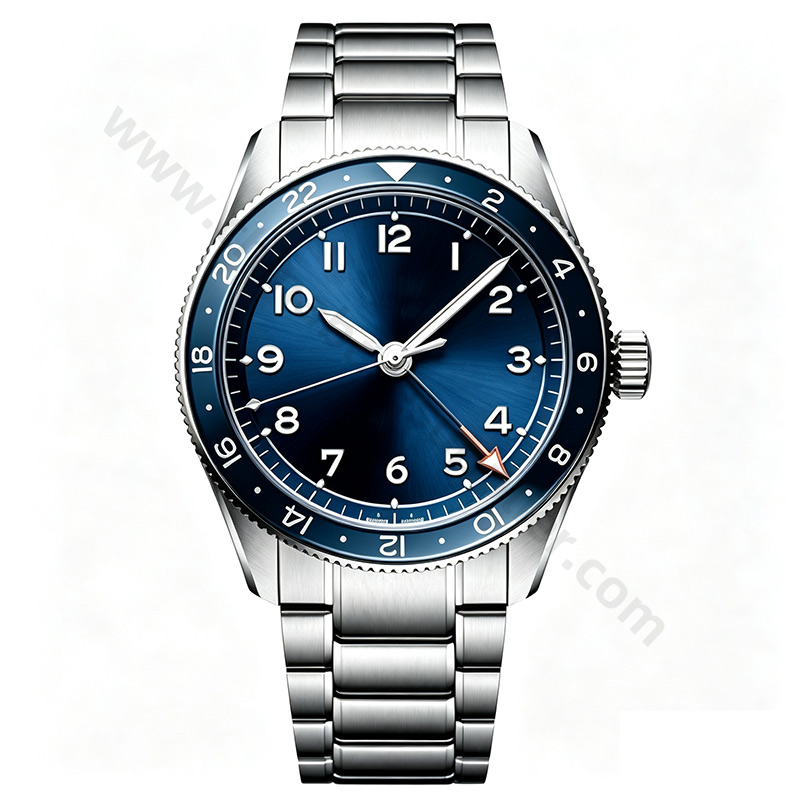  Men's Diver-Style Analog Quartz Watch - Sunray Blue Dial, 24-Hour Bezel, Red GMT-Look Accent Hand