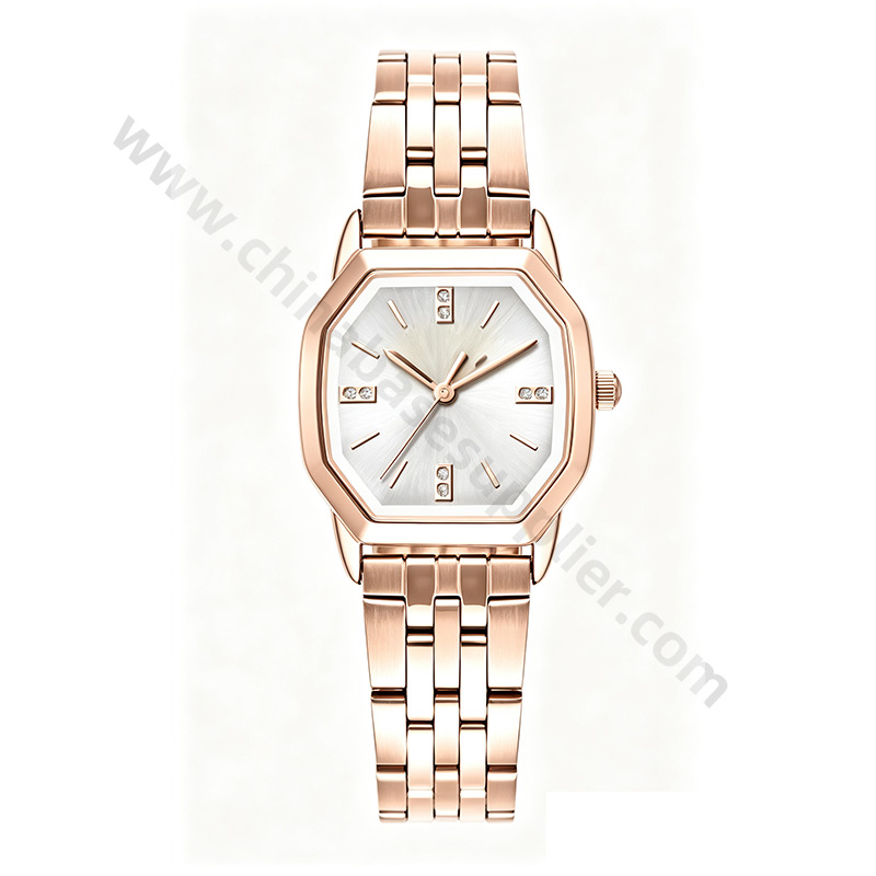  Ladies' Petite Square-Case Analog Quartz Watch - Sunray Dial, Crystal & Applied Indices, Rose Gold Bracelet
