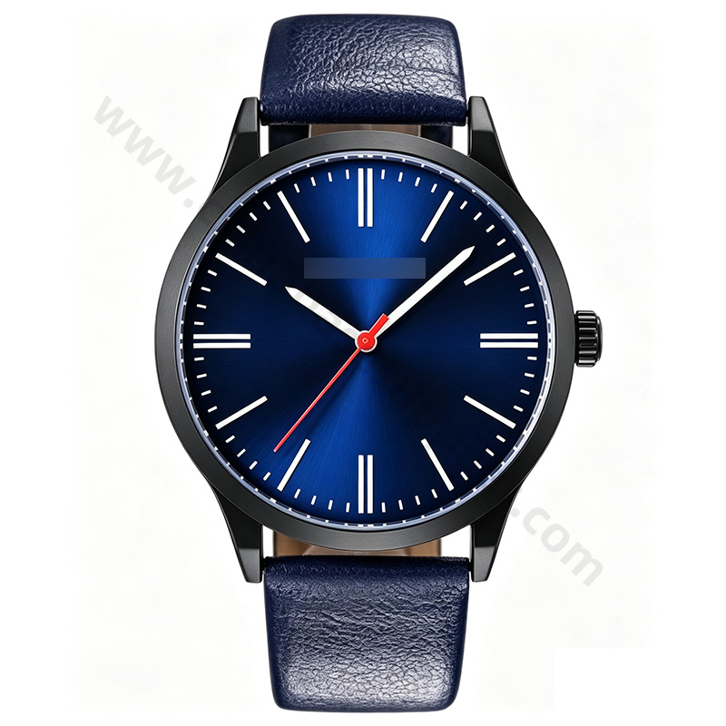 Men's Sunray Dial Analog Quartz Watch - Red Seconds Hand, Genuine Leather Strap, 4 Colourways