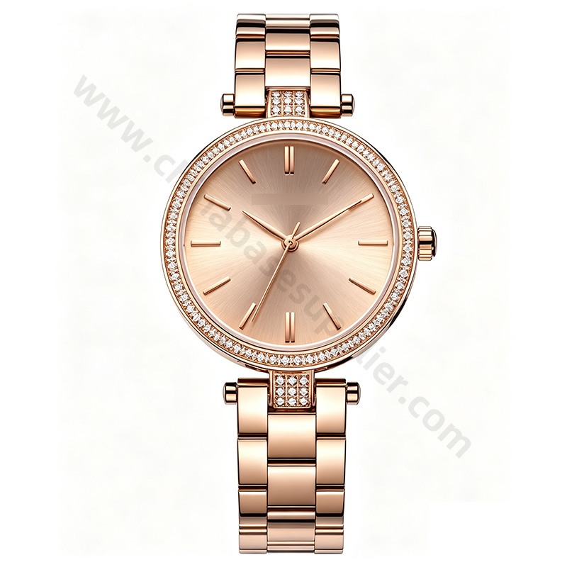  Ladies' Crystal Bezel Bracelet Analog Quartz Watch - Pave Lugs, Three-Link Steel Band, 3 Tones